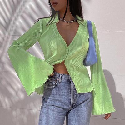 Blouses Summer Clothes Shirts for Women Y2k Pleated Crop Top Women's Shirt Roupas Femininas Tops V Neck Flared Sleeve Shirt