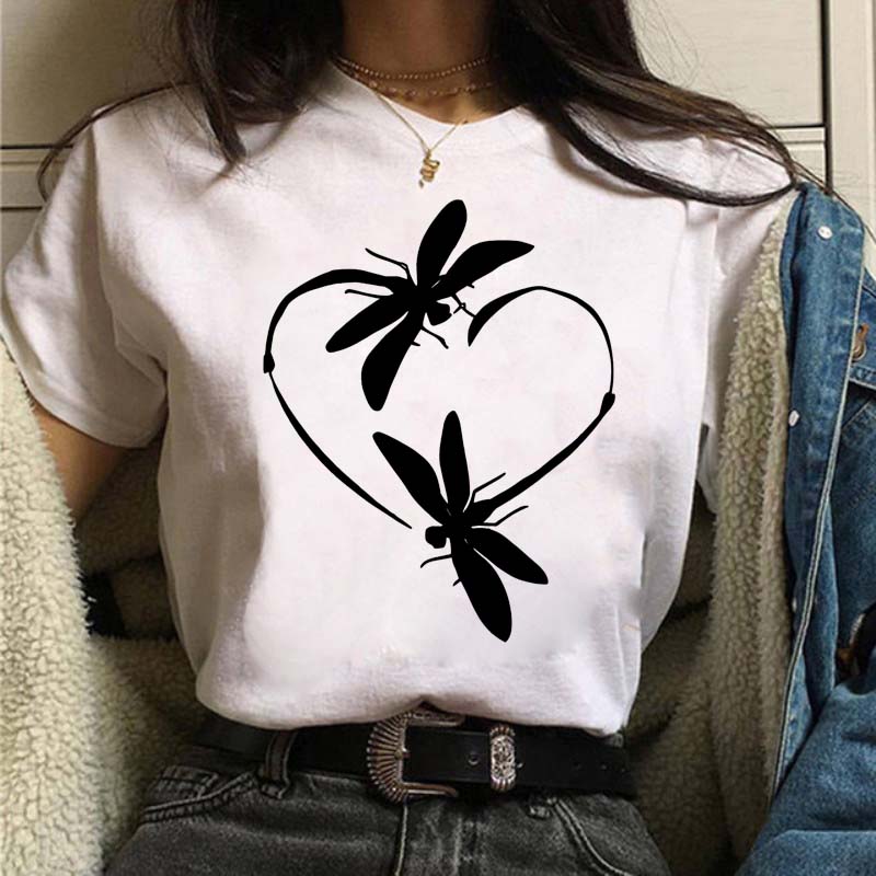 New Love Heart Dragonfly Print Women T-Shirt Fashion Casual Short Sleeves Ladies O-Collar T Shirts Streetwear Graphic Print Tops