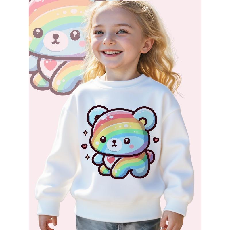 European sizes Kids' Rainbow Bear: an Adorable And Vibrant Cartoon Character Design Long Sleeve Crewneck Sweatshirt - Cozy Casual Pullover Top