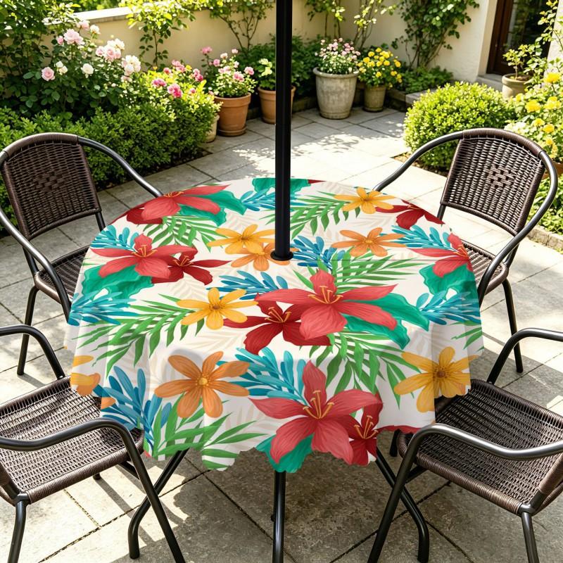 Outdoor Round Tablecloth With Umbrella Hole Waterproof Oil Resistant Floral Leaf Patio Garden Deck