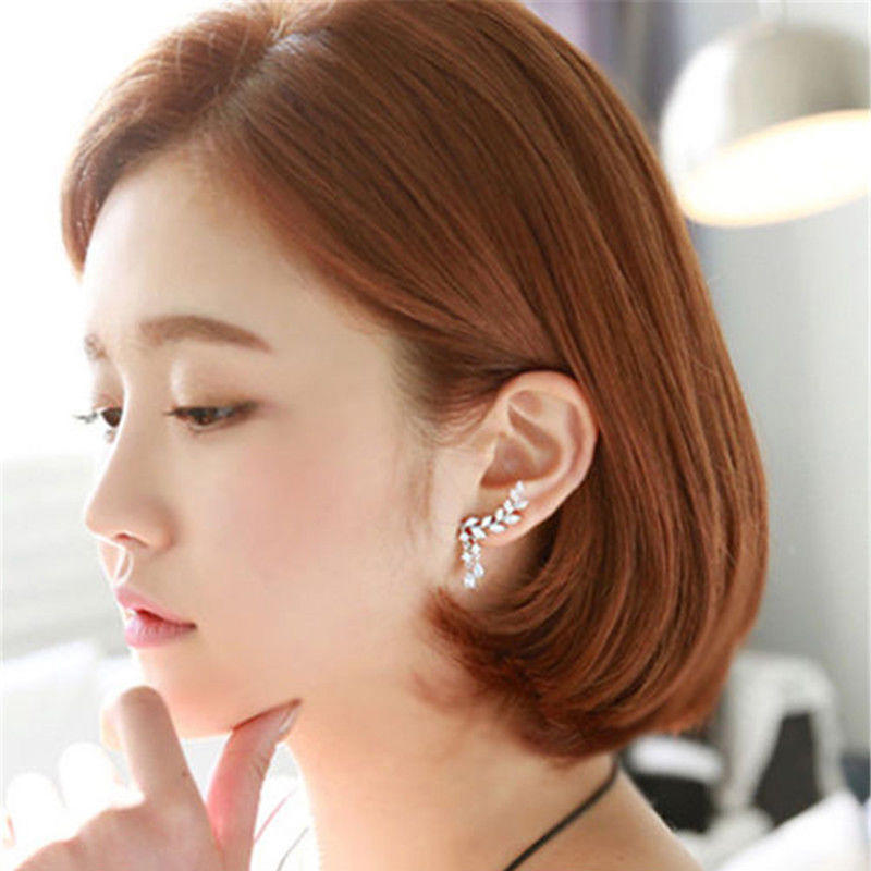 Women Gold Silver  Zircon Leaves Tassel Ear Stud Earrings Jewelry