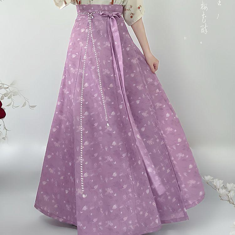 Chinese Song Dynasty Style Hanfu For Women, Printed Improved Crew Neck Shirt And One-piece Skirt Daily Suit