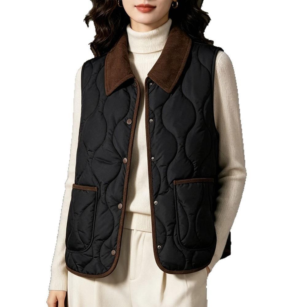 Women Lapel Collar Padded Vest Wavy Stitching Button Front Two Pockets Sleeveless Autumn Winter Vest