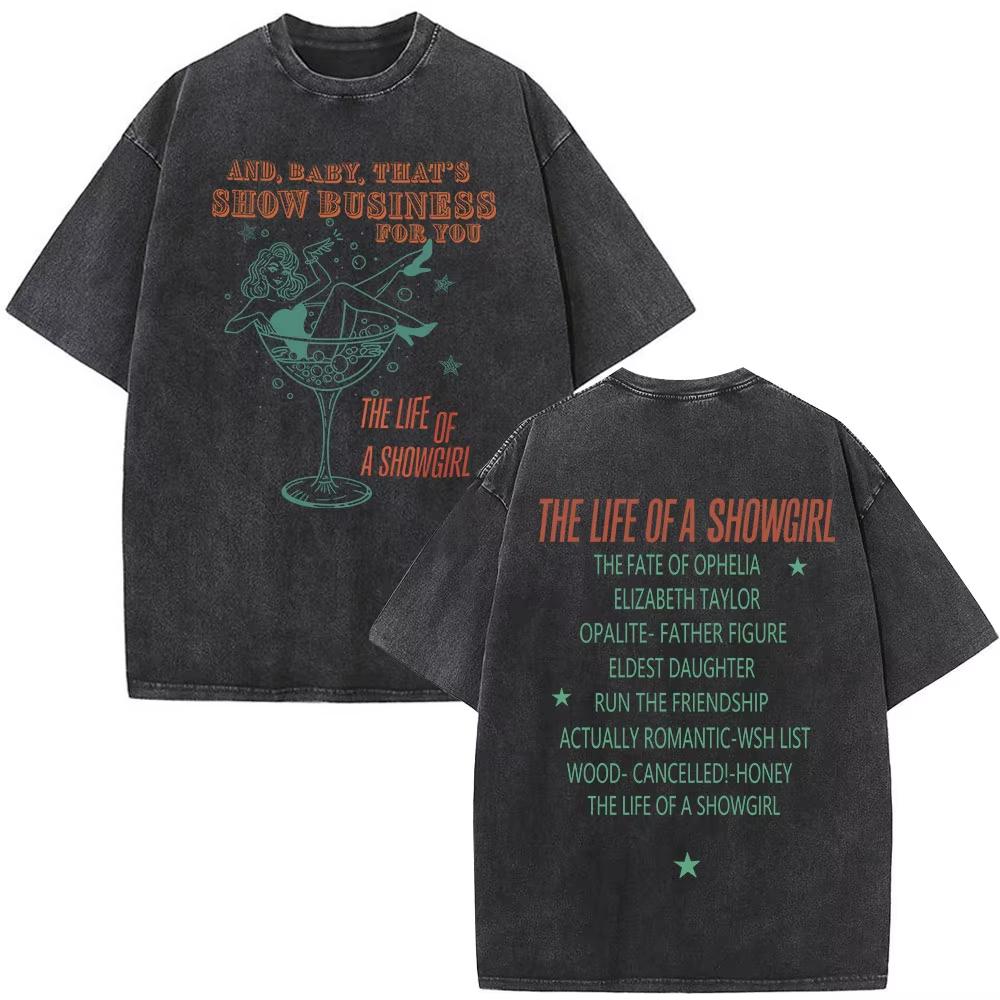 The Life of A Showgirl Album Merch Tshirts Fan Gifts Mens Women Clothing Vintage Washed Cotton Oversized Short Sleeve T Shirts