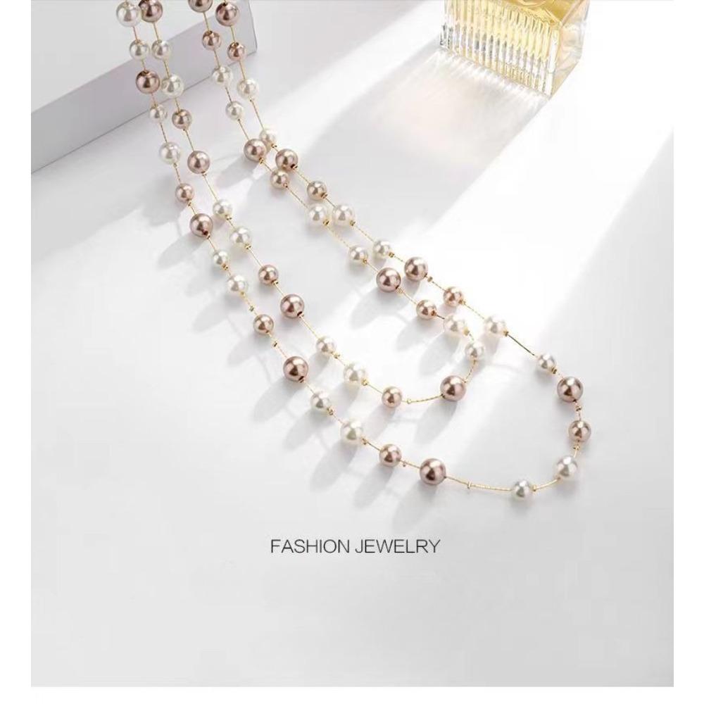 JMXD French Chic Elegant Womens Long Glass Pearl Layering Necklace Fashion Versatile Vintage Style Must Have Jewelry