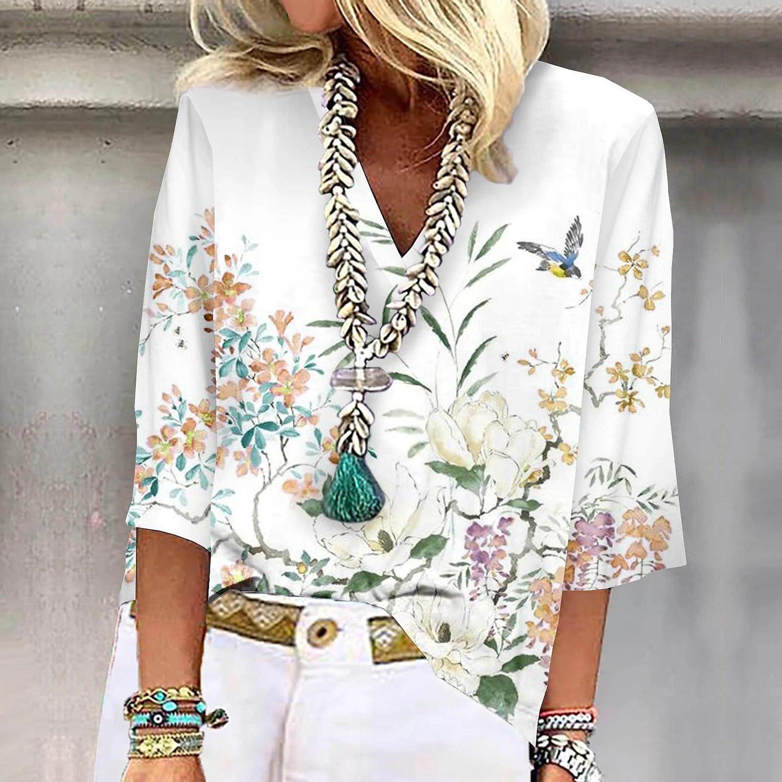 

Женская рубашка, блузка, повседневные свободные рубашки, рукава 3/4, топы с v-образным вырезом и принтом, топы с принтом, футболки, футболки XXXL зелёный