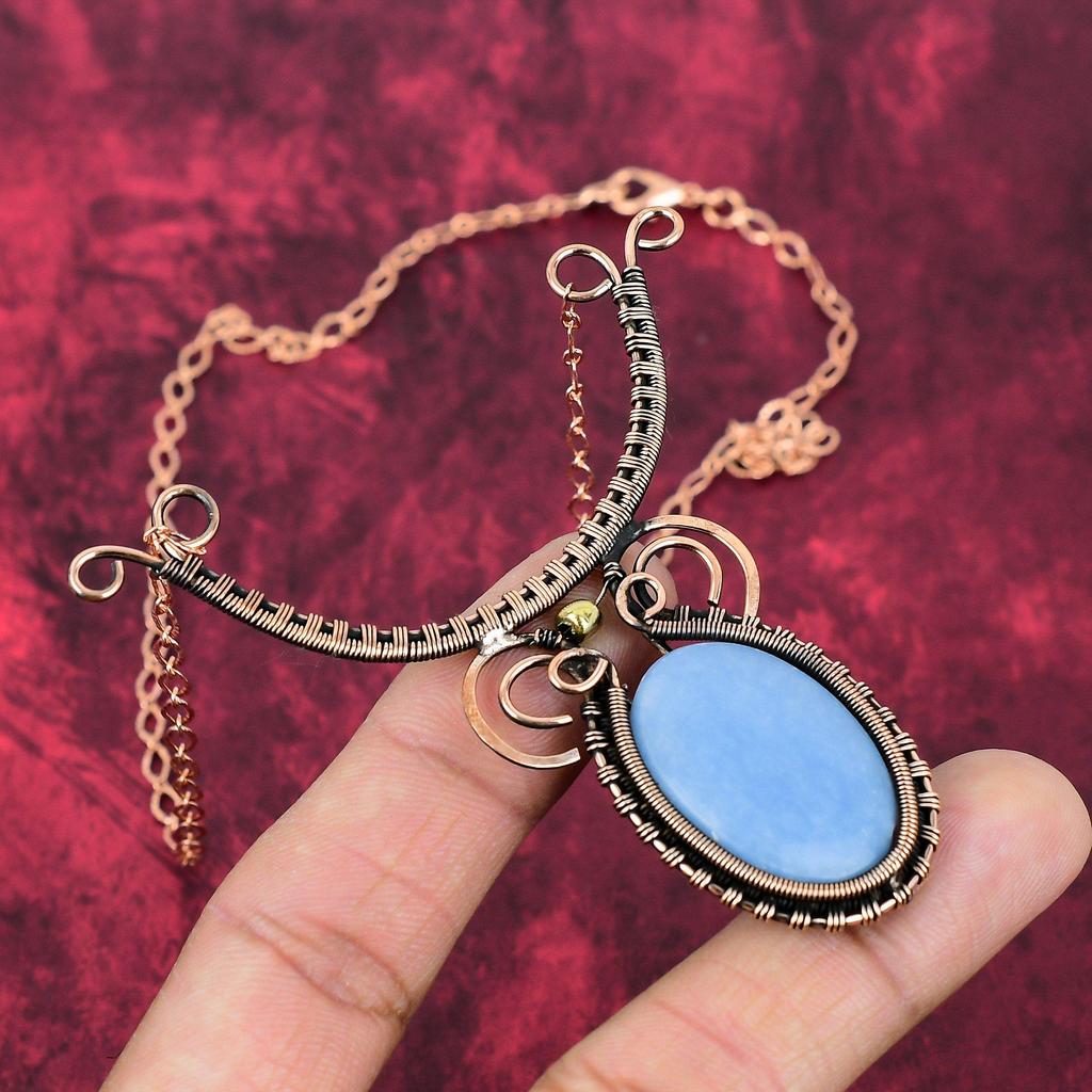 Angelite Necklace Copper Wire Wrapped Gemstone Necklace Adjustable Chain Necklace Angelite Jewelry Handmade Necklace Copper Jewelry For Gift
