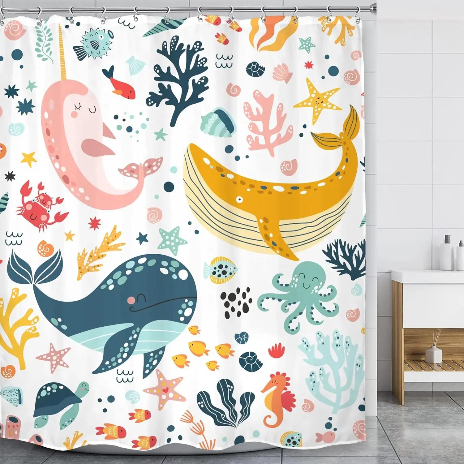 

Ocean Shower Curtain for Kids Under The Sea Dolphin Fish Blue Decorative Bath Curtain Polyester Fabric Washable Bathroom Curtain W90XH180cm