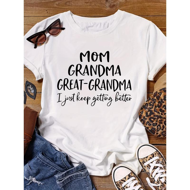 Women's Plus Size "MOM GRANDMA GREAT-GRANDMA" Quote Print Tee Pink Round Neck Short Sleeve Relaxed Fit Nontransparent All-Season Casual Top