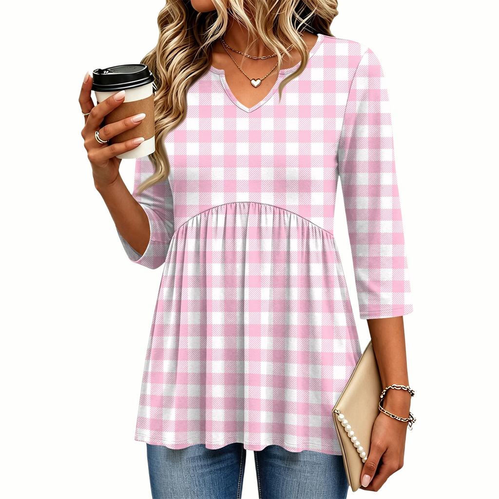 Women's Casual Floral Print V-Neck Three-Quarter Sleeve Blouse for Spring and Summer