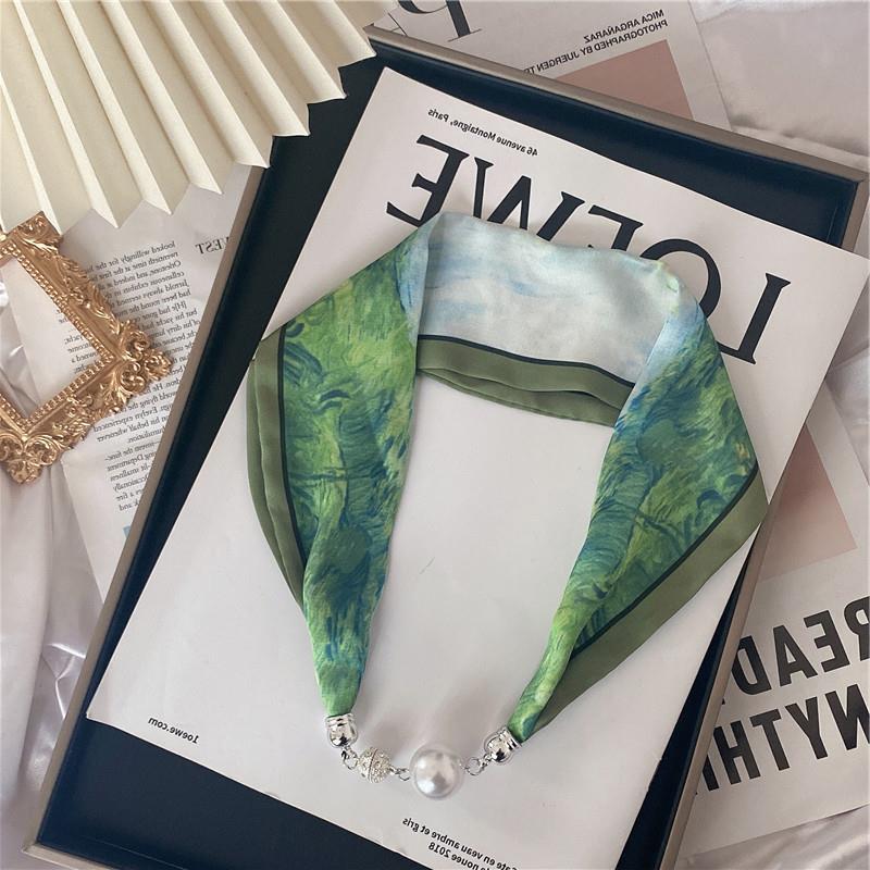 New Luxury Design Magnetic Pearls Button Silk Scarf Women Summer Neck Ornament Silk Scarves Lady Shirt Sunscreen Decoration Gift