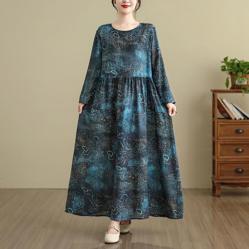 DIMANAF Neu 2025 Damen Übergröße Frühling Langes Kleid Locker Basic Vintage Oversize Langarm Maxi Floral