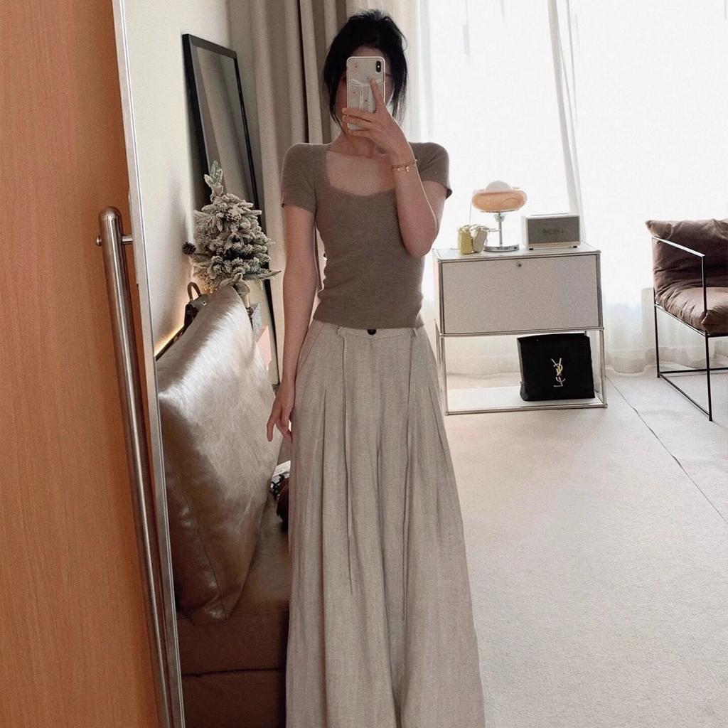 Pure desire square neck ice silk knitted short-sleeved t-shirt women's summer shoulder t-shirt slim and thin u-neck short top
