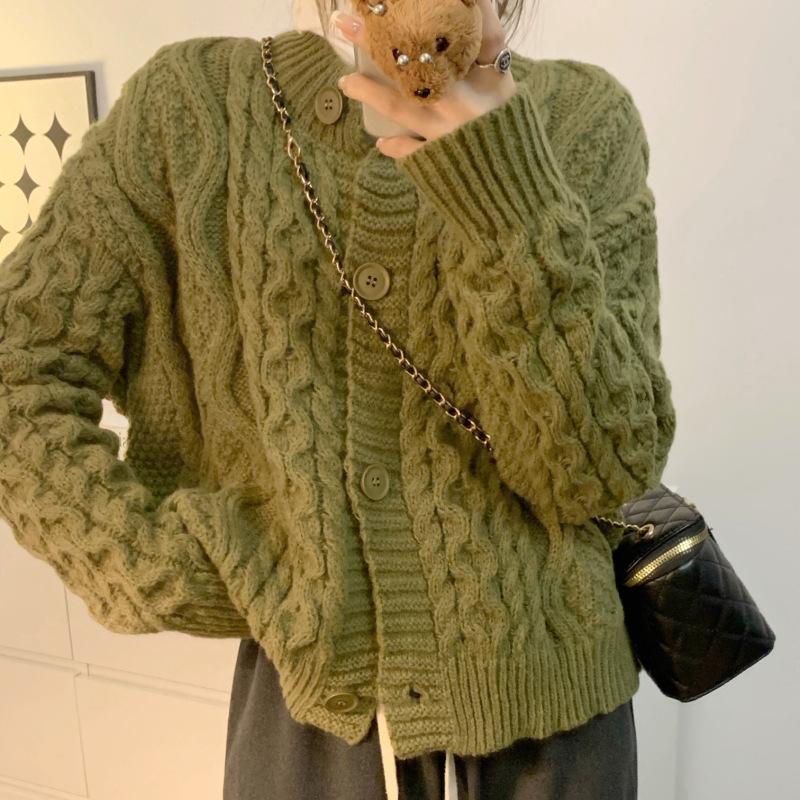 Autumn Winter Twist Cardigan Sweaters Women Vintage Casual Knitted Cardigans Fashion Loose Solid Long Sleeve Single Breasted Sweater Coat