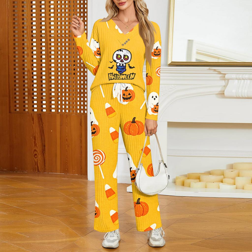 Women's Halloween Print Long Sleeve V-Neck Loose Fit Pajama Set with Pockets
