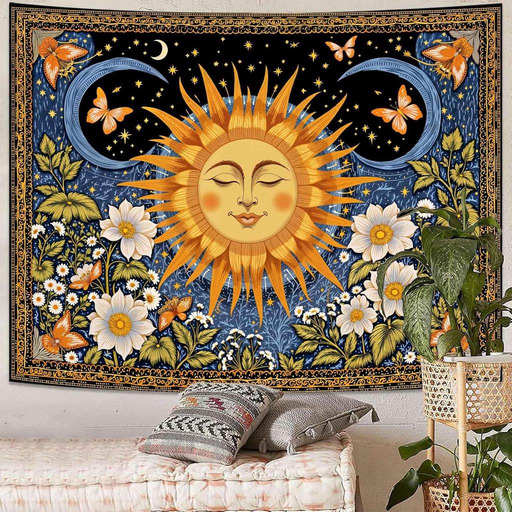 Sun and Moon Tapestries Celestial Style Tapestries Mystical Floral Butterfly Wall Tapestry Bedroom Dormitory Living Decoration