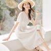 Hollow Embroidered V-neck Mid-length Dress for Women In Summer Latest Literary Style Waist-hugging and Slim White Skirt