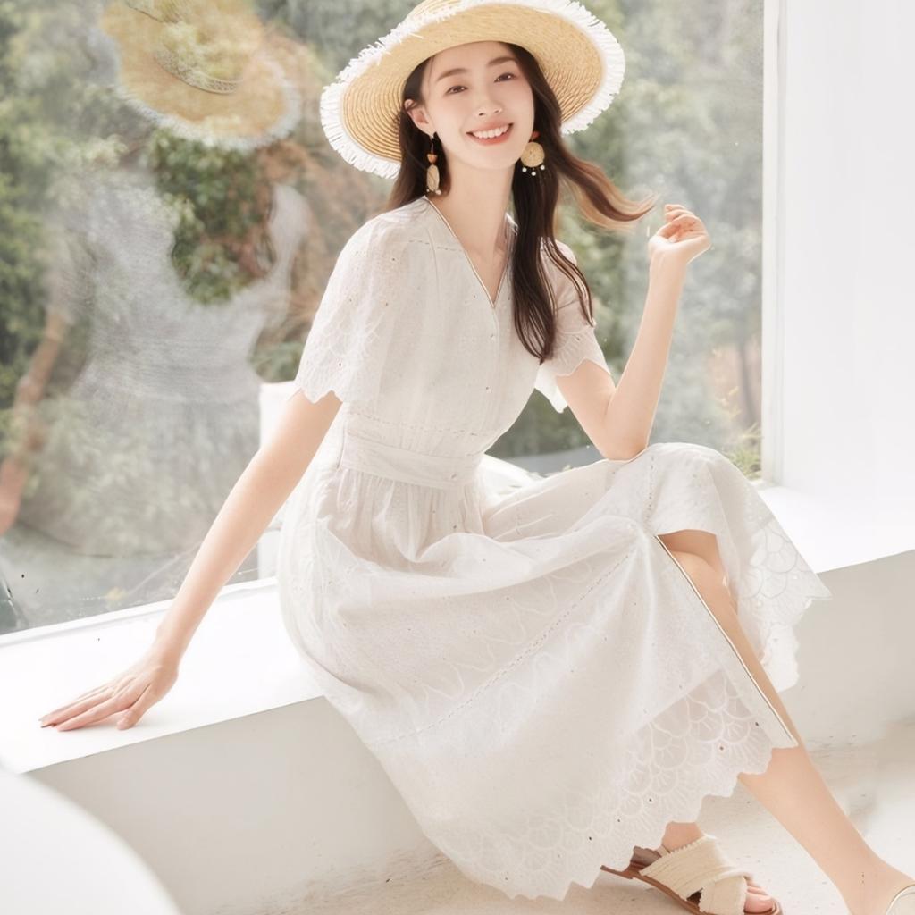 Hollow Embroidered V-neck Mid-length Dress for Women In Summer Latest Literary Style Waist-hugging and Slim White Skirt