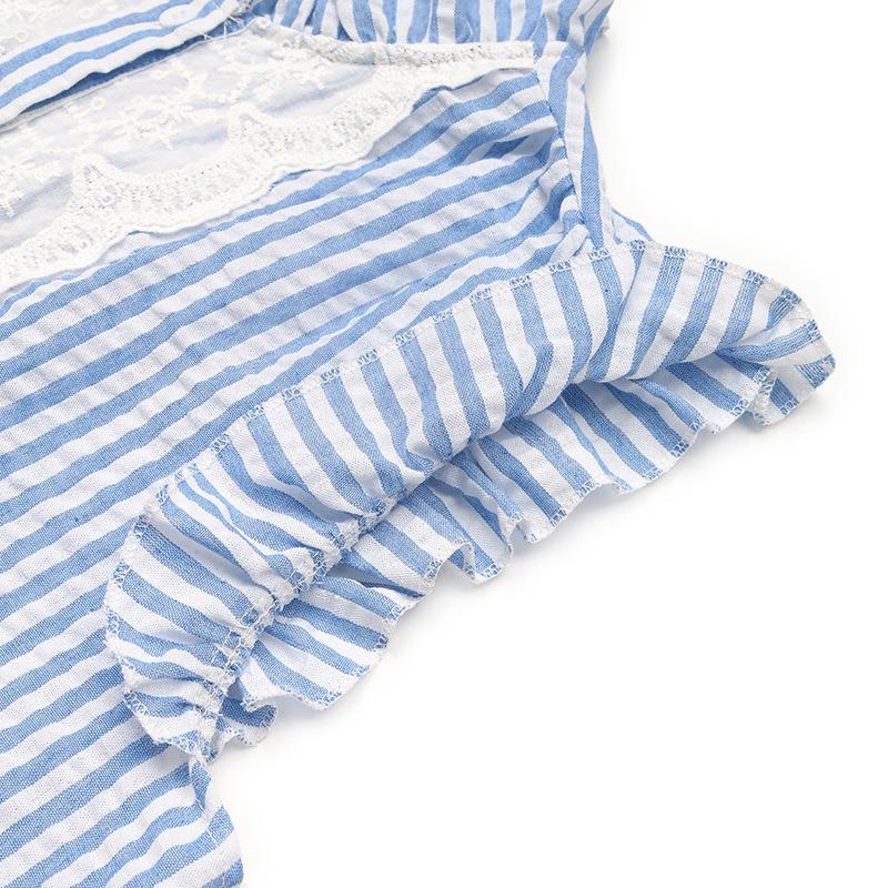 Summer Striped Lace Patchwork Shirt Women's Lotus Leaf Flying Sleeve Cardigan Shirt