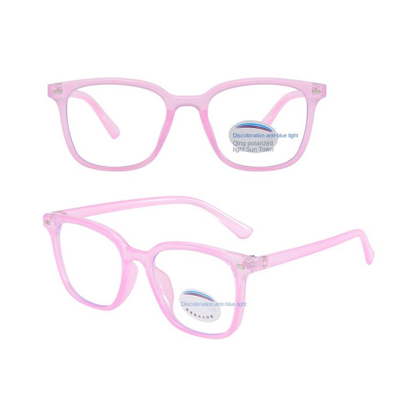 Photochromic Square Rice Nail Children's Eyeframe Color Change Anti Blue Light Flat Mirror Glasses Cute Boys And Girls