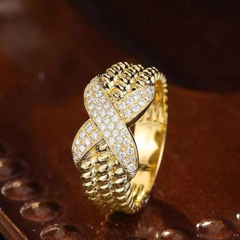 Huitan Gold Color Women Ring Cross Shaped Fashion Party Lady Luxury Accessories Inlaid Shining CZ Wedding Charming Jewelry Gift