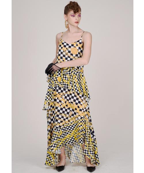 Greedius Checkerboard Chain Ruffle Dress