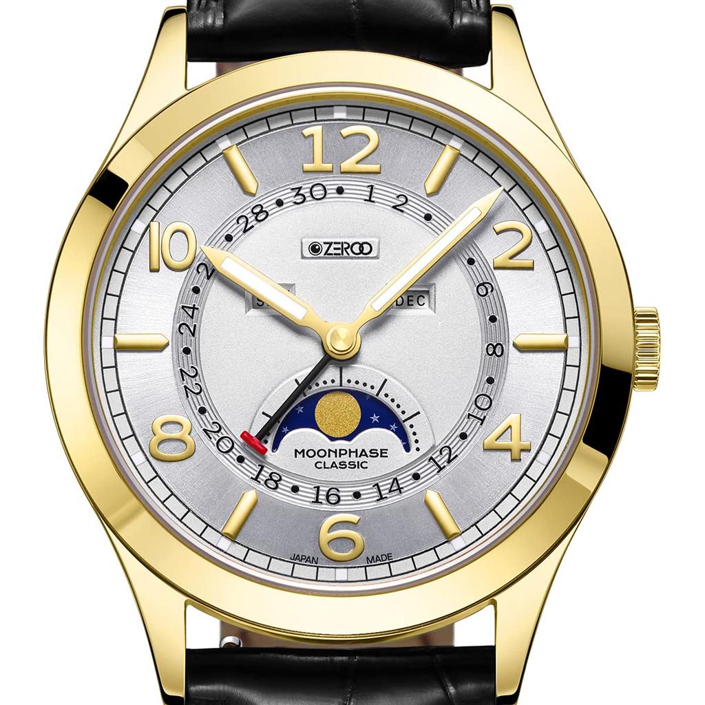 ZEROO CLASSIC2 Moon Phase Quartz Watch with Yellow Gold Men's [Authentic] (White Case)