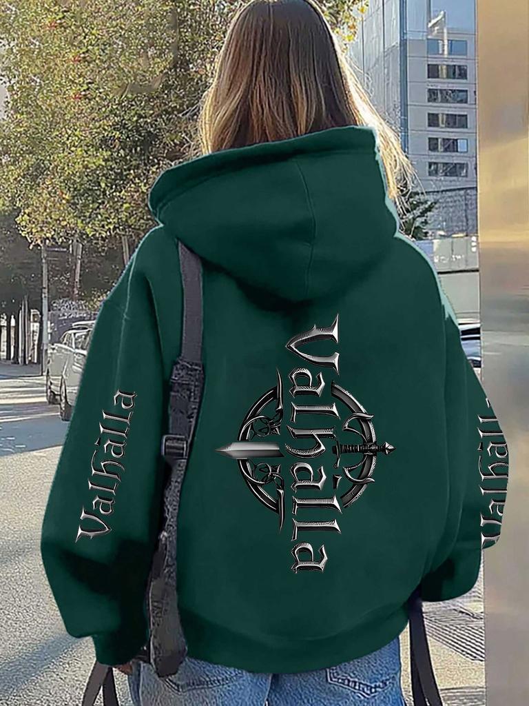 Nordic Myth Retro Dark Trend Men Sports Hoodie, Vertical Gothic Text Sword Emblem Double Sleeve Printing, Casual Loose Hip Hop Pullover