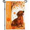 Thanksgiving Autumn Garden Flag Featuring a Welcoming Dachshund, Designed for Outdoor Use with Double-Sided Imagery of a Dog And Maple Leaves, Perfect
