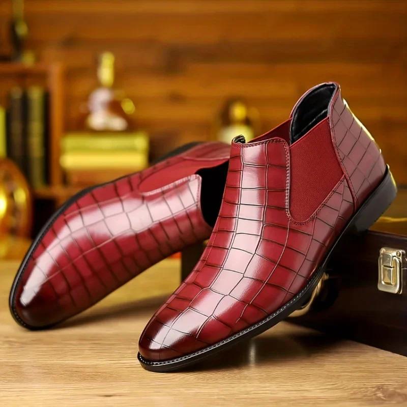 Fashion Chelsea Leather Men Boots High-top Side Zipper Round-toe Crocodile Pattern High Heel Versatile Casual Party Boots For Man botas