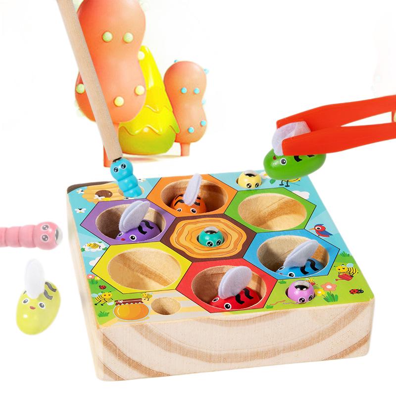 Kids' Wooden Beehive Fishing Toy - Ages 3+ for Concentration, Insect Catching, and Color Recognition