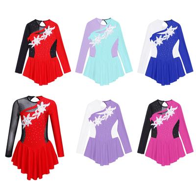 Girls Shiny Rhinestone Hollow Back Dance Dress Long Sleeve Round Neck Flower Decorated Patchwork Skating Performance Costume