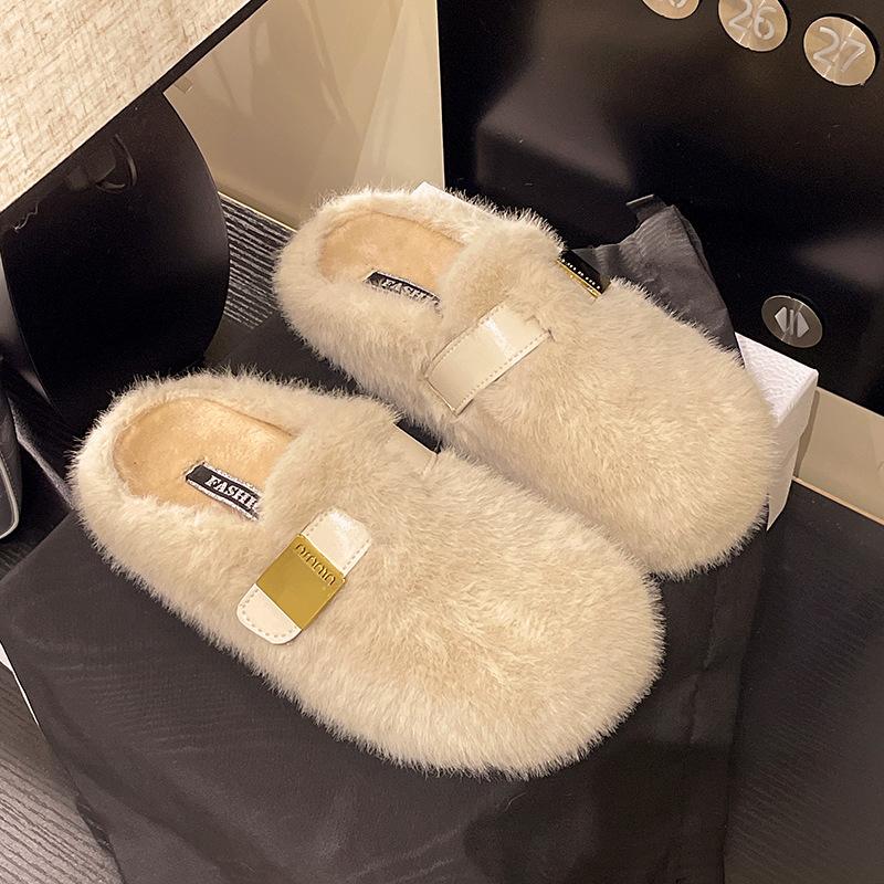 Thick bottom heightening fluffy slippers women's outer wear 2025 new autumn and winter high-end plush belt buckle cotton slippers