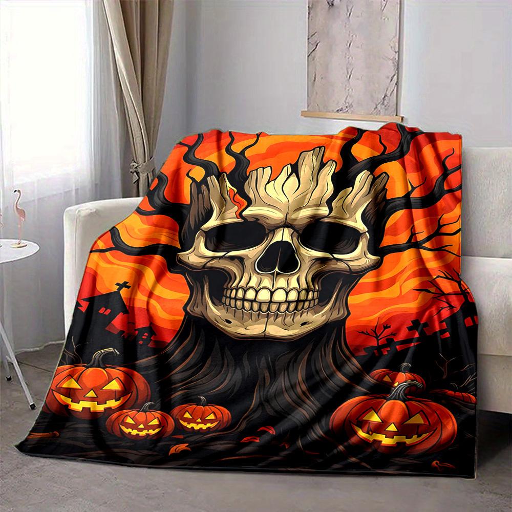 1pc Halloween Skull Blanket Lightweight Flannel Blanket Throw Blanket For Sofa, Bed, Travel, Camping, Livingroom, Office, Couch, Chair, And Bed yy2510