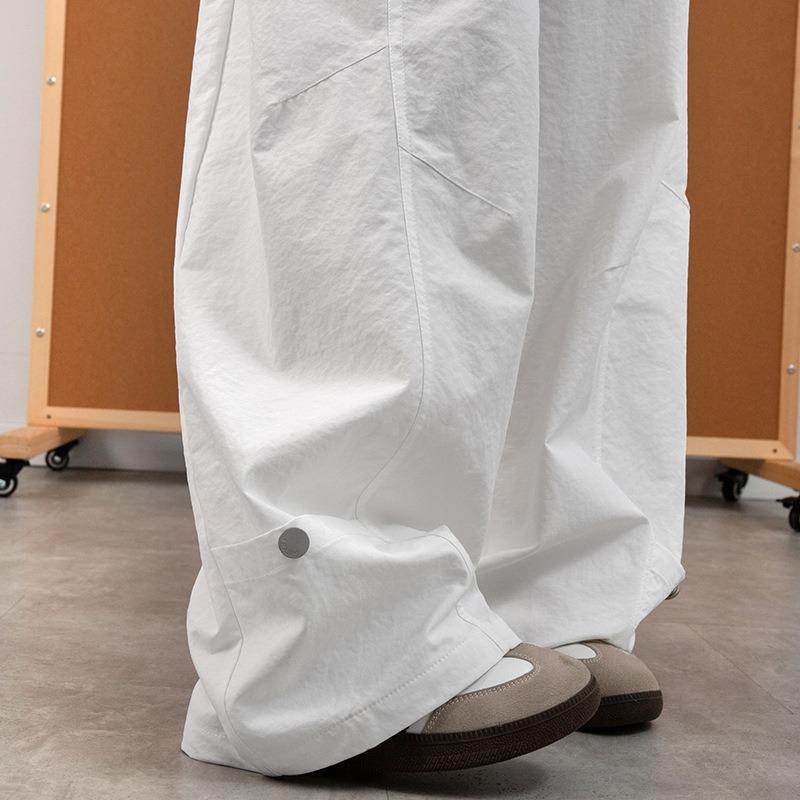 Women Curved Leg Pants High Waist Loose Wide Leg Cargo Pants Rivet Solid Color