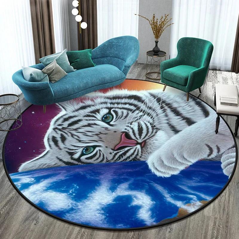 Cute Tiger Round Rug Wild Animal Carpet Non-slip Floor Mat for Living Room Bedroom Playroom Bathroom Decor Soft Circle Doormat