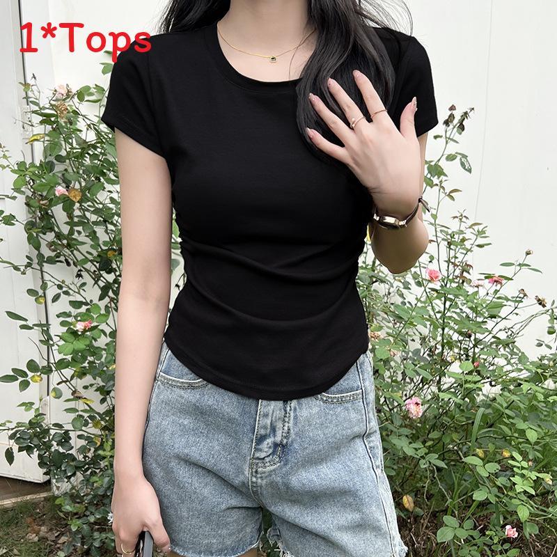 Plain Cotton Short Sleeve T Shirt With Pleated Detail For Casual Wear