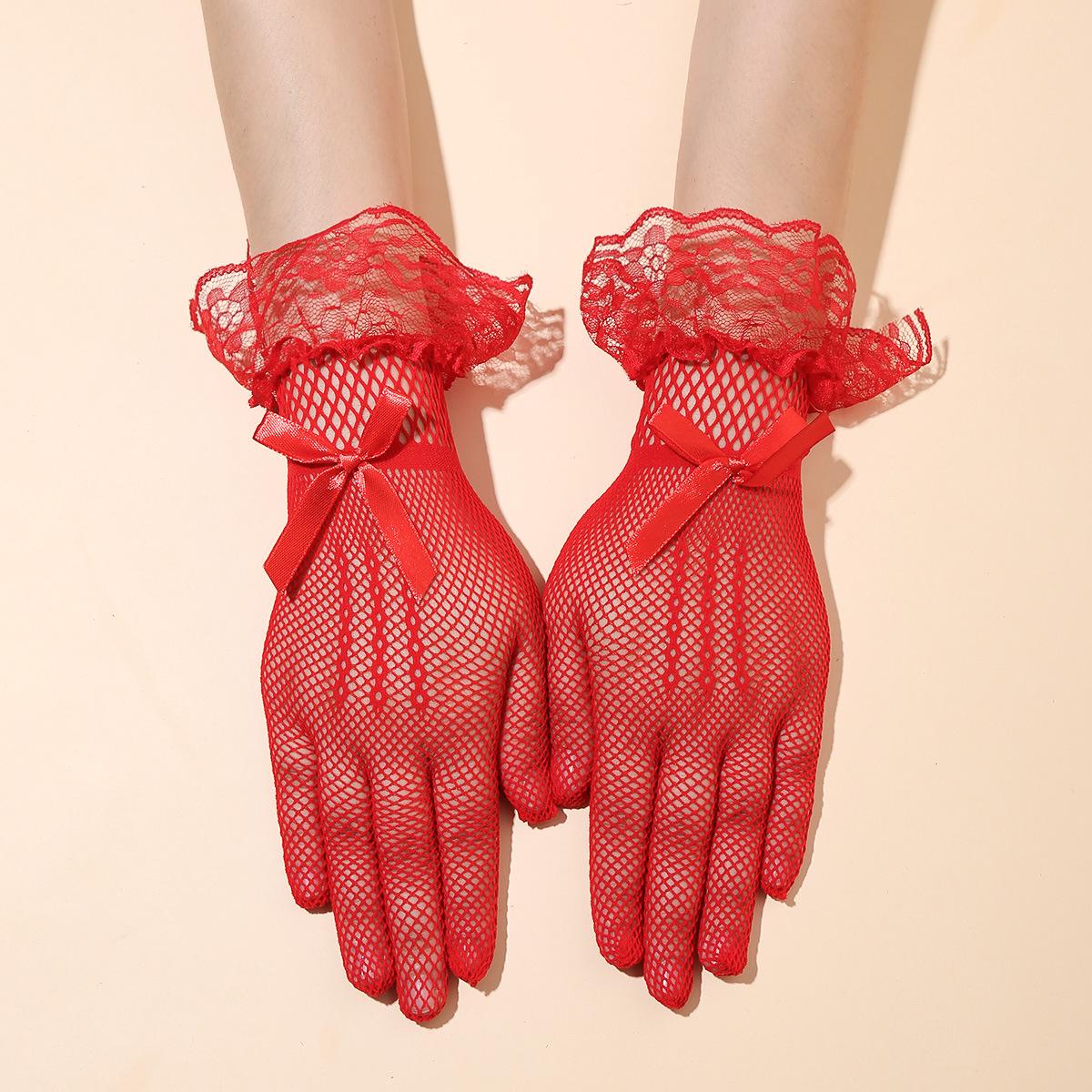

2025 Bowknot Fishnet Lace Wedding Gloves червоний