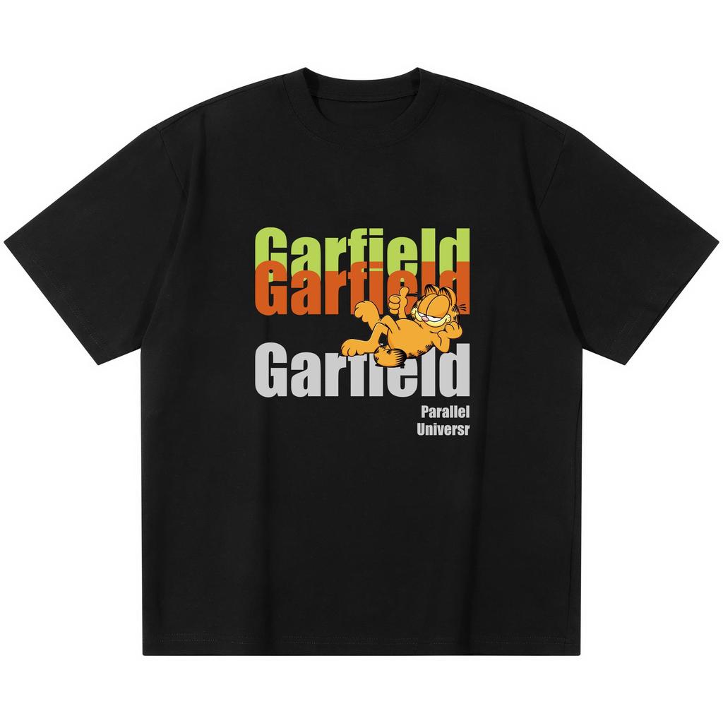 Garfield "Parallel Universe" Layered Color Letter Print Short Sleeve T-Shirt, American Streetwear Heavyweight Cotton Loose Fit Oversized Couple Top