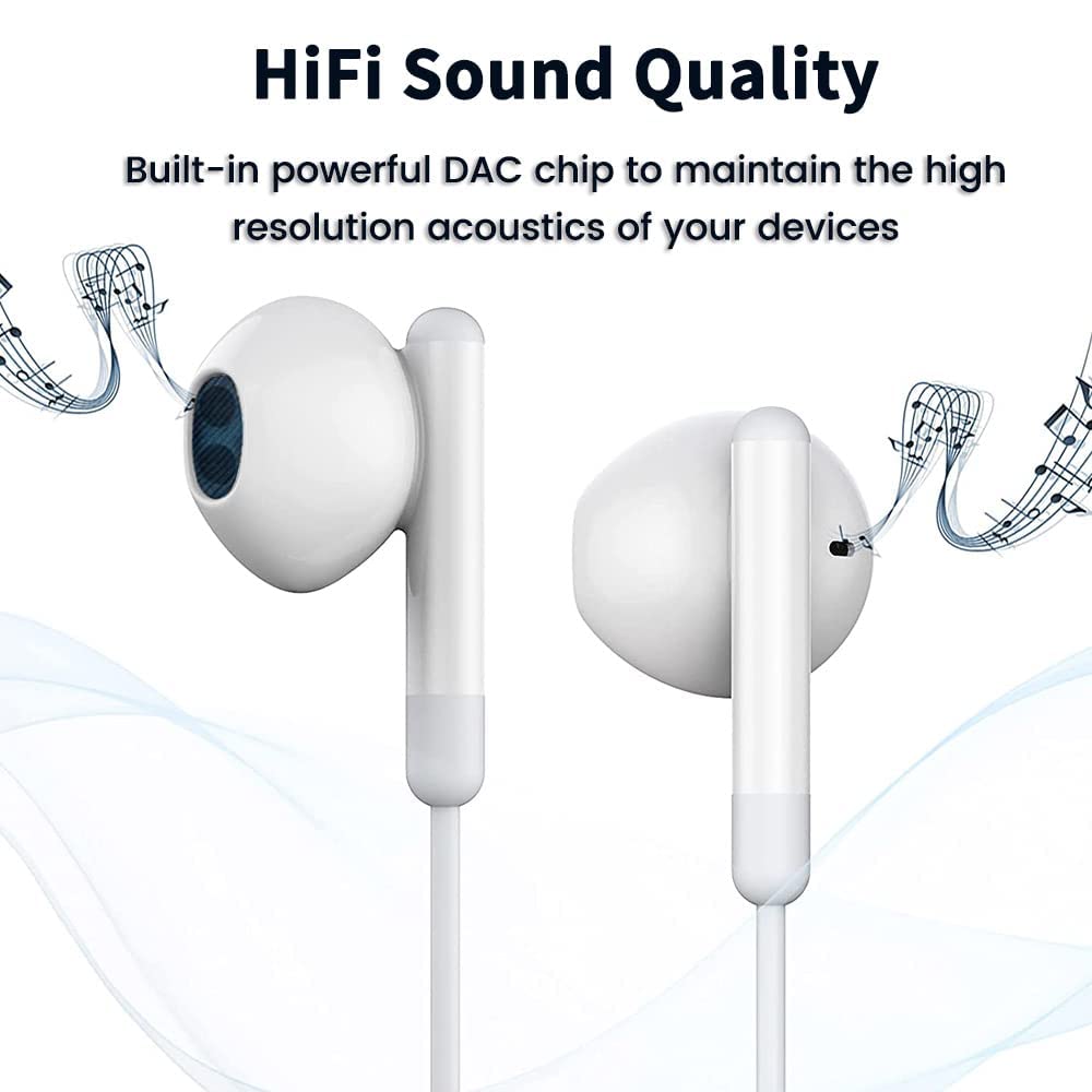 Latest Earphones Compatible with iPhone 15 Wired Earphones High Sensitivity Karaoke MEMS Microphone Compatible with White [2024 Model] Type-C Type-C