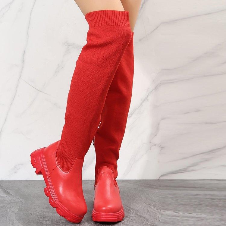 New Boots Women's Over-Knee Round Head Fly-Knitted Boots Women's Thick-soled Boots