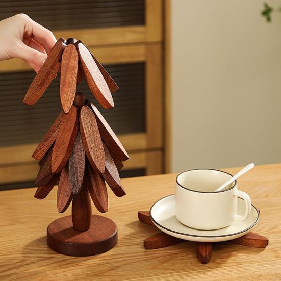 Yousheng Christmas Tree Trivet Set Wooden Coasters with Stand Heat-Resistant Pot Holders Festive Table Protector for Hot Dishes