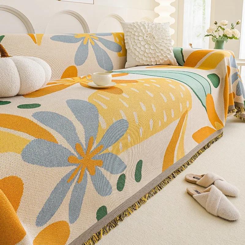 Cartoon Flower Sofa Cover Tassels Four Seasons Leisure Thin Blanket Anti-cat Scratch Weave Couch Towel for Living Room Slipcover