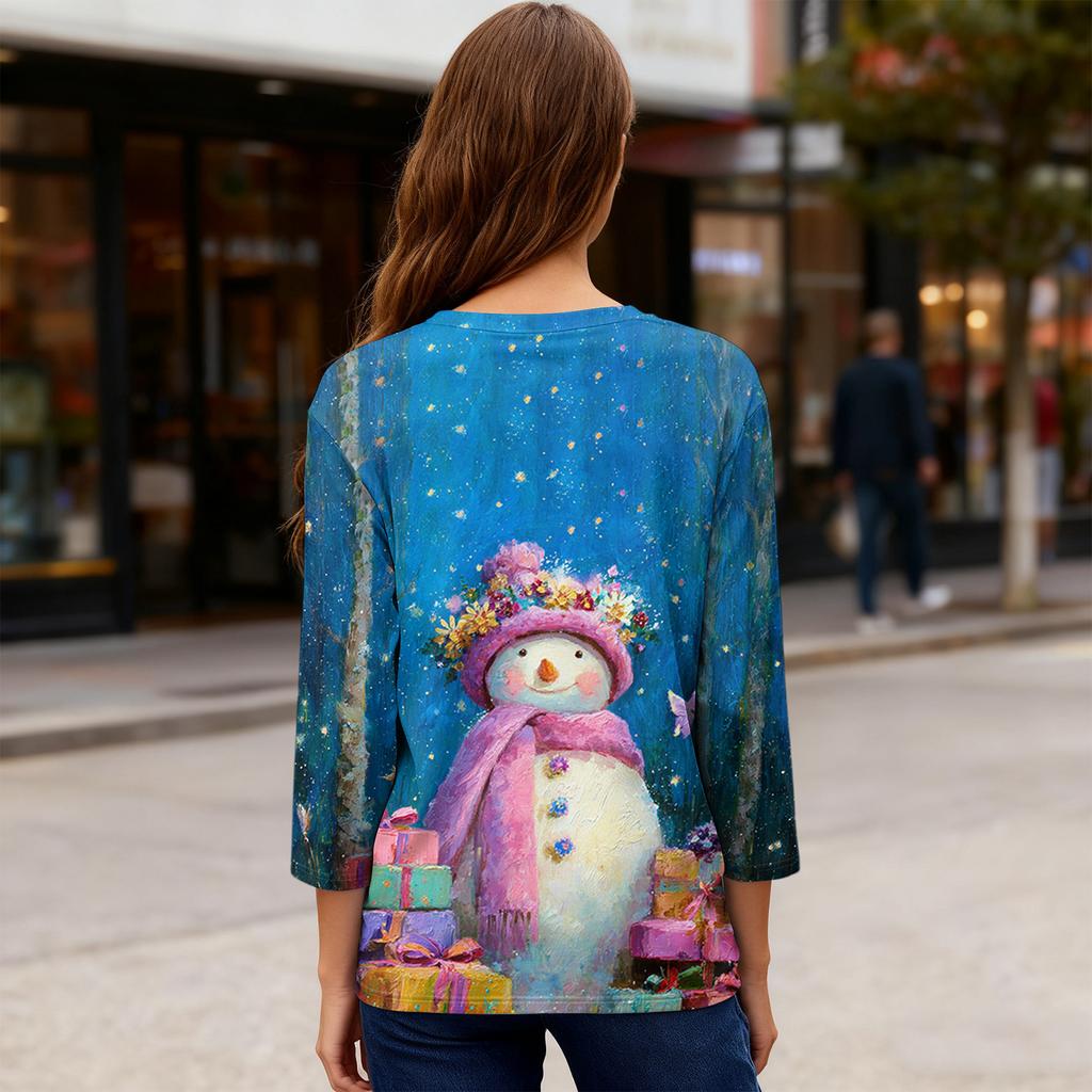 3/4-Ärmel-Shirts für Damen Druck Weihnachts-T-Shirts Blusen Lässig Übergröße Basic-Oberteile Pullover