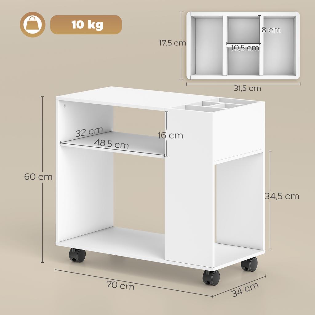 Printer Stand Printer Table with Divided Compartment, Shelves for Office, 70 X 34 X 60 Cm, White