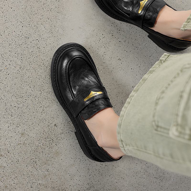 Krazing Pot Sheepskin Round Toe Low Heels Autumn Summer Shoes Slip on Women Oxford Shoes Metal Fasteners Pumps