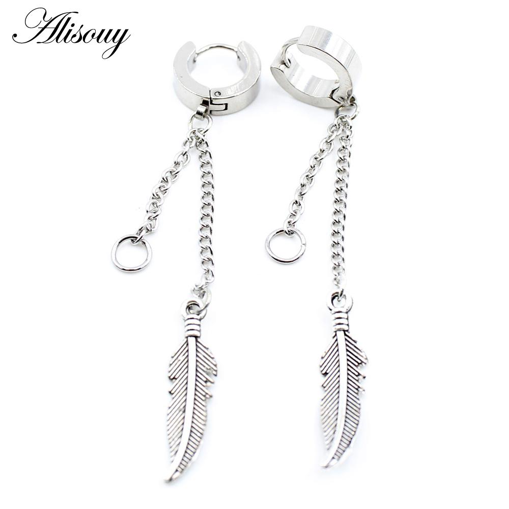 Alisouy 2PCS Stainless Steel Star Cross Snake Spike Skull Sword Blade Chain Feather Spider Dangle Women Men Huggie Hoop Earrings