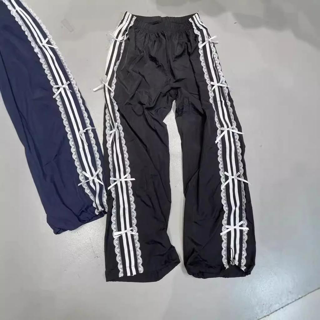 Elastic Waist Lace Flared White Edge Stitching Casual Pants Slim Sports Pants Bow Tie Pants