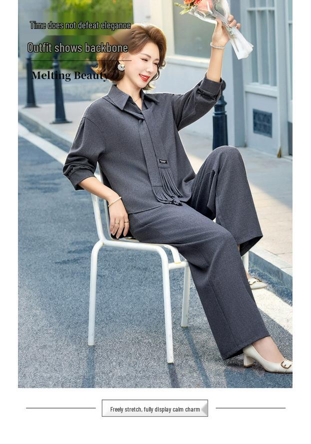 Stylish Spring/Autumn Two-Piece Set: Long-Sleeve Top & Wide-Leg Pants for Middle-Aged Women
