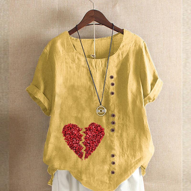 Women's Fashion Red Love Prined Short Sleeve T-shirt Loose Cotton Shirt Casual Loose Summer Blouse Tops Plus Size